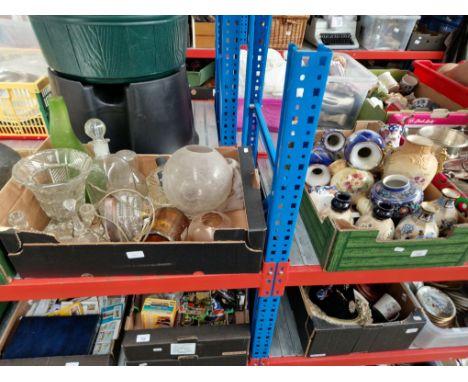 A box of ceramic vases including Royal Tudor blush ivory and a box of glassware with decanter, lampshade, case etc 