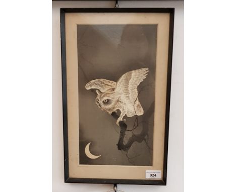 Japanese hand coloured woodblock print, owl by moonlight, signed with two characters in a red seal, 18cm x 33.5cm, framed and