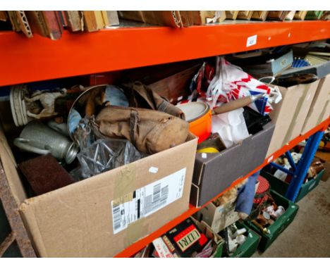 4 boxed of mixed items including glass, metal ware, Le Creuset style pan, shoe last, guillotine, mahjong set, pottery, collec
