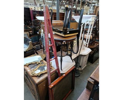 Various items of furniture; Edwardian inlaid rosewood occasional table, black lacquer chair, folding card table, set of fruit