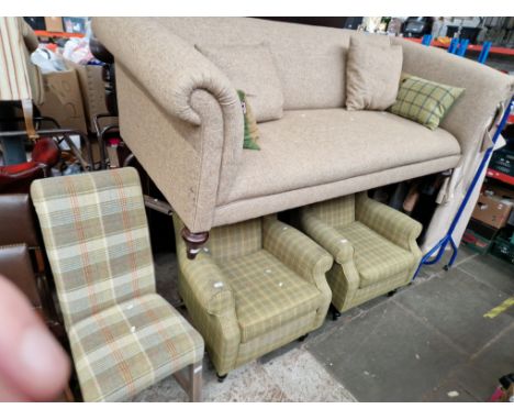 A tweed Chesterfield style sofa, two Next tweed wingback armchairs and a similar dining chair. Condition- some slight marks a