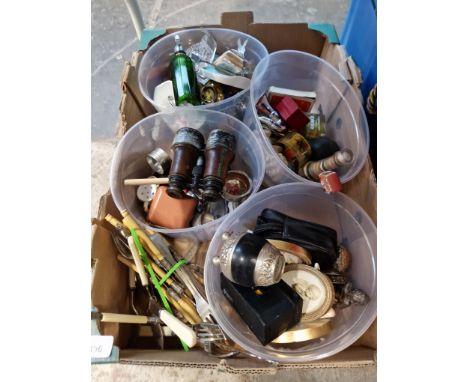 a box containing 4 tubs of misc collectables - includes small Waterford clock, candle holder marked 800, binoculars, plaque e
