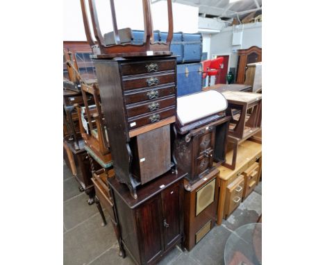 Various items of furniture; two Edwardian music cabinets, an oak box, Edwardian occasional table, oak serving trolley, old sp