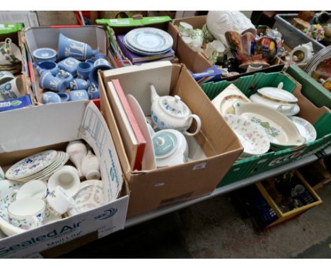 Three boxes of ceramics to include Coalport, Wedgwood Aztec and Clementine, Poole, Royal Doulton Clarendon, Wedgwood Angela e