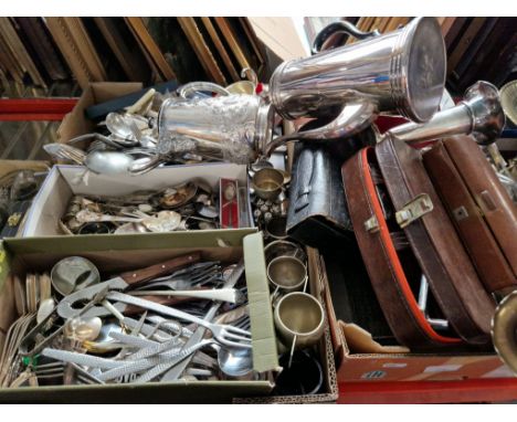 A box of cutlery, metal ware, post office scales with weights, plated cutlery, Elkington plate etc 