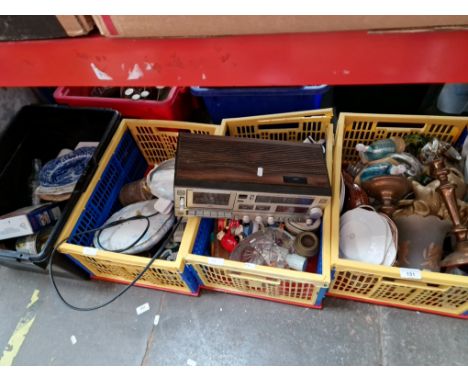 Four boxes of mixed items including a LLoytron Cassette recorder/Electronic Clock Radio, metalware, ornaments pottery and gla