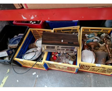 Four boxes of mixed items including a LLoytron Cassette recorder/Electronic Clock Radio, metalware, ornaments pottery and gla