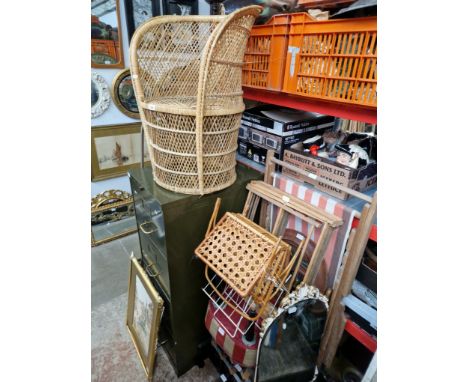 Various items; cane chair, deck chair, retro pouffe, mirror, speaker stands, wine rack, magazine racks, etc. 