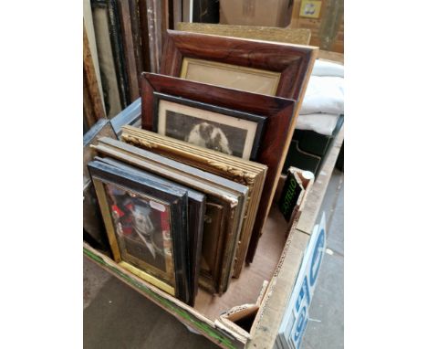 A box of various pictures and prints, 19th and 20th century including oils, pencil portrait, Victorian silhouette painting, s