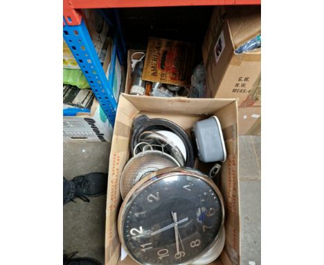 Two boxes of kitchenalia and a wall clock 