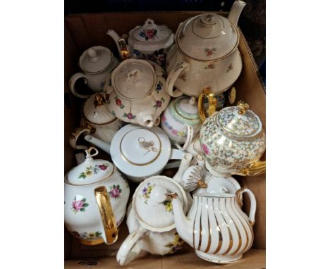 A box of teapots including Meakin, Foley, Arthur Wood, Adderley, Windsor Pretty Flowers. Appx 15 totalCondition:- General wea