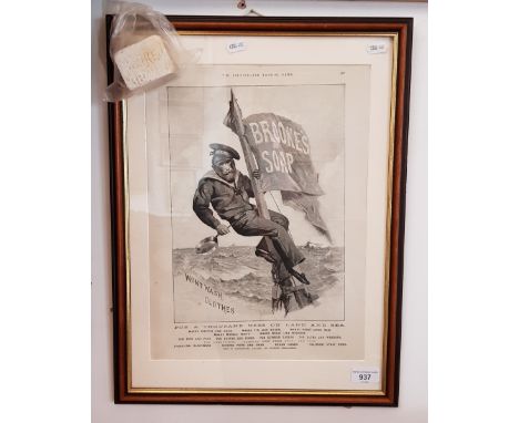 A framed advertising print for Brookes Soap, dated 1882, framed and glazed, 39.5cm x 52.5cm, together with a bar of monkey so