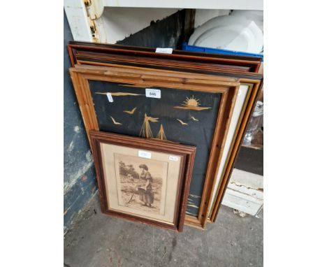 Various pictures and prints including Fred Slocombe etching, Alfred Heaton-Cooper print, a watercolour, etc. 