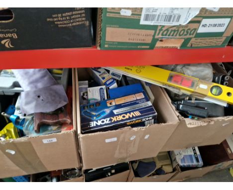 Three boxes of tools and garage items, drills, spirit levels boxed screw driver sets, mini bench vices etc 