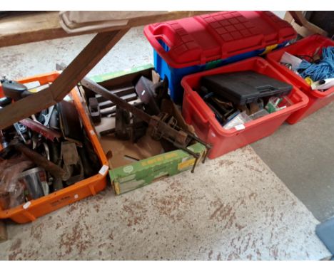 A large quantity of garage tools including router, sash clamp, socket set, wood plane, tool belt, mini vice, power planer, et