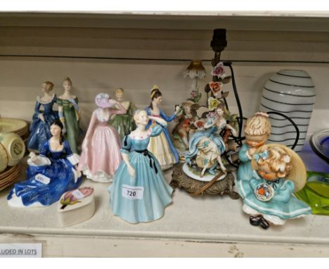 7 Royal Doulton Lady figurines, 2 larger Goebel figures, 2 pieces of continental pottery, and a small Moorcroft trinket box 