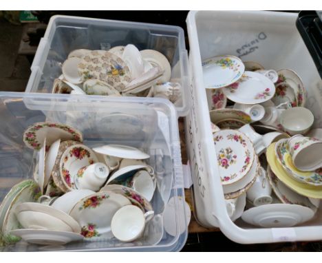 Three plastic crates of trios - cups, saucers and plates - various makersCondition:- General wear, some seconds, cannot see a