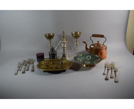 A Collection of Metalwares to include Copper Kettle, Three Branch Candelabra, Silver Plated Milk and Sugar Bowl having Monogr