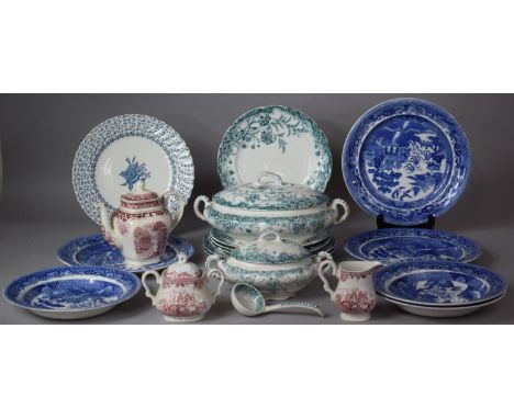 A Collection of Transfer Printed Dinner and Teawares to Feature Two Late 19th/Early 20th Century Cornflower Pattern Lidded Tu