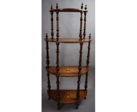 A Late Victorian Inlaid Walnut Bow Fronted Four Shelf Whatnot with Turned Supports, 57cm Wide 