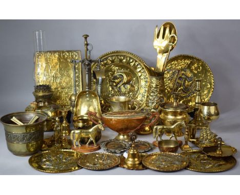 A Collection of Brassware to Include Fire Companion Set, Brass Ornaments, Candlesticks, Jug, Pressed Chargers, Oil Lamp, Jard