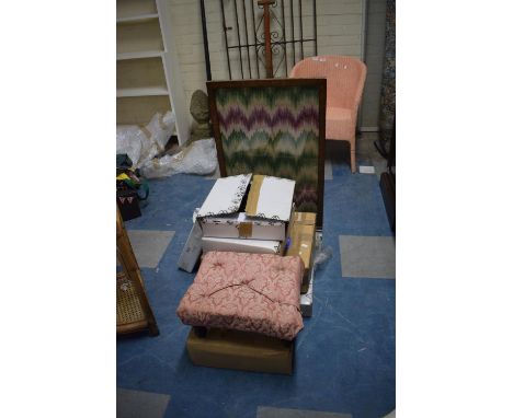 A Collection of Four New Footstools, New and Unused Document Wallets, Tapestry Fire Screen 