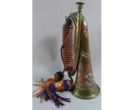 A Mid/Late 20th Century Brass and Copper Military Bugle for the Welch Regiment, Stamped with War Depatment Mark and Numbered 