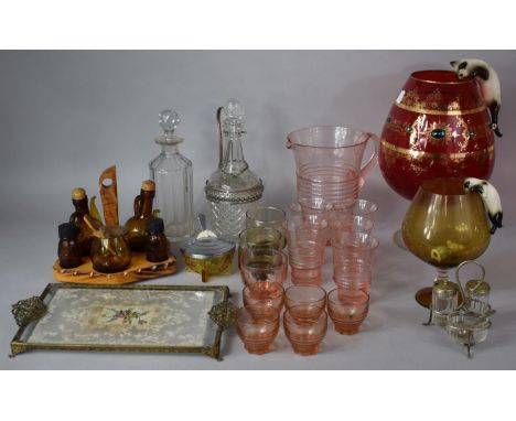 A Collection of 20th Century and Later Glassware to Feature Large Ruby Gilt and Jewelled Brandy Balloon Vase with Ceramic Cat