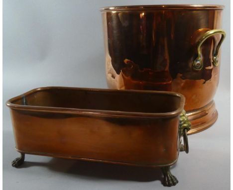 A Small Rectangular Copper Planter with Brass Lion Mask Carrying Handles and Claw Feet Together with Cylindrical Copper Coal 