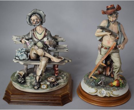 Two Capodimonte Figural Ornaments, Tramp Seated on Bench and Farmer with Scythe 
