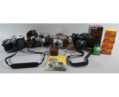 A Collection of Four Vintage and Modern Cameras to Include Kodak Retinette, Cannon AE-1, Nikon F-601 Together with Flash Unit
