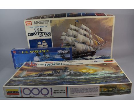 A Collection of Three Model Kits of Battleships, HMS Hood, US Spruance and USS Constitution with Sails 