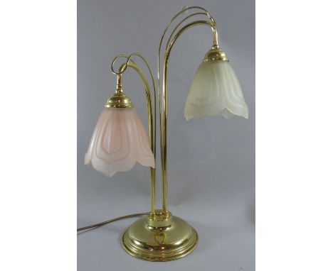 A Modern Two Branch Brass Table Lamp with Opaque Glass Shades, 56cm High 