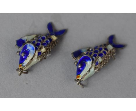 A Pair of Oriental White Metal and Enamel Articulated Fish Pendants 