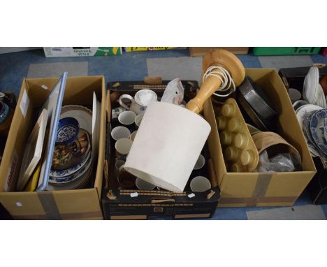 Three Boxes of Kitchenwares, Mugs, Plates, Prints, Table Lamp etc 