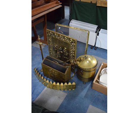 A Collection of Brassware to Include Fire Screen and Spark Guard, Magazine Rack, Long Handled Fire Irons, Coal Bucket 