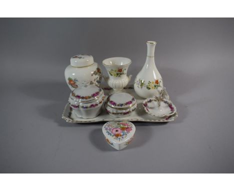 A Part Floral Ceramic Dressing Table Set Together with Wedgwood Kutani Crane and Meadow Sweet Ginger Jar, Vase and Heart Shap