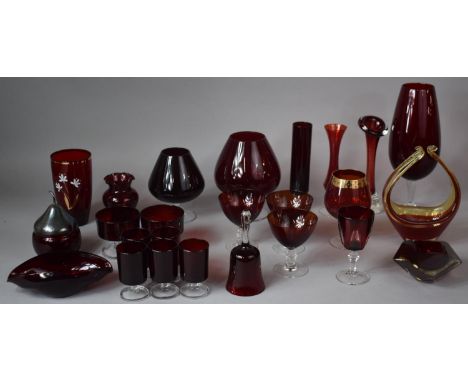 A Large Collection of Ruby Glass to Feature Vases, Glasses, Lidded Pot etc Together with an Italian Basket Shaped Bowl, Cubis