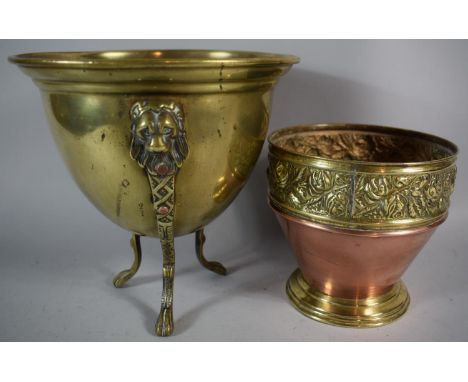 A Brass Oval Planter with Tripod Lion Mask and Claw Supports and a Circular Copper and Brass Planter, The Former 22cm High 