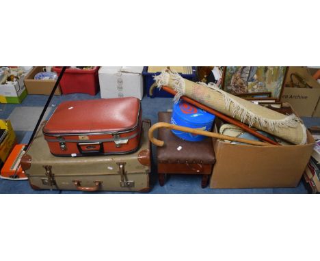 Two Vintage Suitcases and a Carpet Sweeper Together with Stool, Tapestry, Walking Sticks, Rug etc 