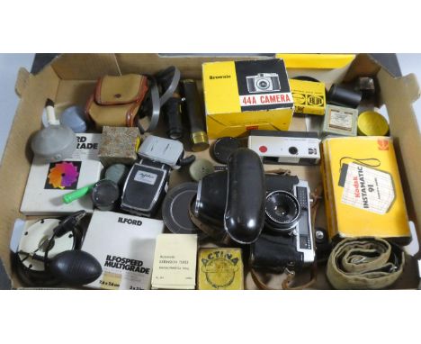 A Box of Photographic Accessories, Cameras, Light Meters etc 