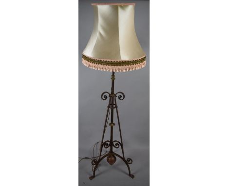 A Brass Mounted Wrought Iron Tripod Rise and Fall Oil Lamp Stand, Now Converted to Electricity 