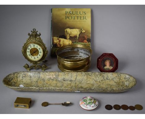 A Tray of Curios to Include Brass Mantle Clock, Coins, Planter, Paulus Potter Book etc 