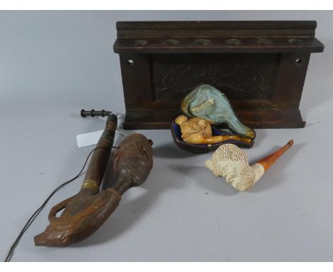 A Carved Meerschaum Maiden's Head Cheroot Holder in Case Together with Meerschaum Style Pipe, Continental Pipe and Oak Pipe R