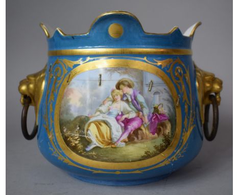 A 19th Century French Porcelain Blue Ground Urn Now Converted to Jardinier/Planter With Hand Painted Cartouche Depicting Love