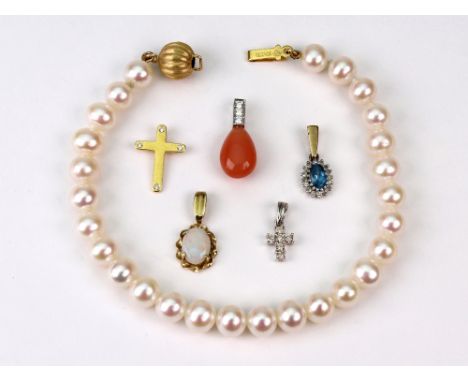 A cultured-pearl bracelet and five gem set pendants, comprising; a modern round brilliant diamond six stone latin cross set i