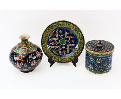 A Royal Bonn Old Dutch pattern baluster vase, 19cm high, Majolica jar and plate, Royal Crown Derby plate, Tuscan jar, pink lu