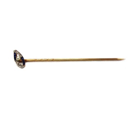 An early 20th century gold, sapphire, pearl and diamond stick pin, possibly Russian, marks indistinctly '15ct' and an eagle, 