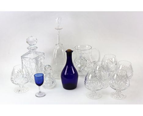 A 'Bristol' blue glass decanter, 19th century, labelled Gin, lacks stopper, a decanter, the sides etched with big game huntin