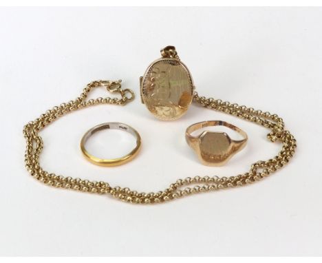 Two rings and a locket and chain, comprising; a gold oblong signet ring, partially obliterated marks '9. 3(?)' & 'Kld', 2.4g;